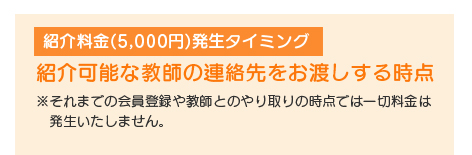 紹介料金(5,000円)発生タイミング:紹介可能な教師の連絡先をお渡しする時点※それまでの会員登録や教師とのやりとりの時点では一切料金は発生いたしません。